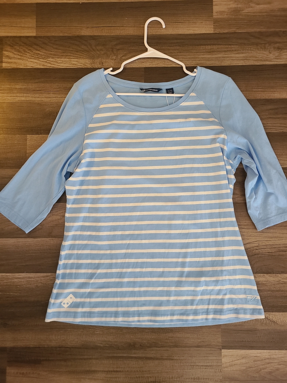 Cutter & Buck Light Blue and White Striped Raglan Short-Sleeve Tee